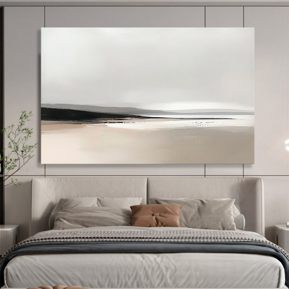 Large abstract oil painting featuring Scottish landscapes in soft greys and beiges with visible brush strokes highlighting a beach horizon.SC092