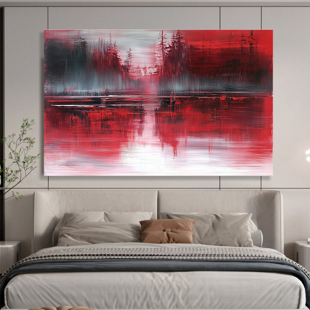 Large abstract painting featuring atmospheric landscape in red and gray tones with reflective water inspired by expressionist style of Richard L. Short.SC155