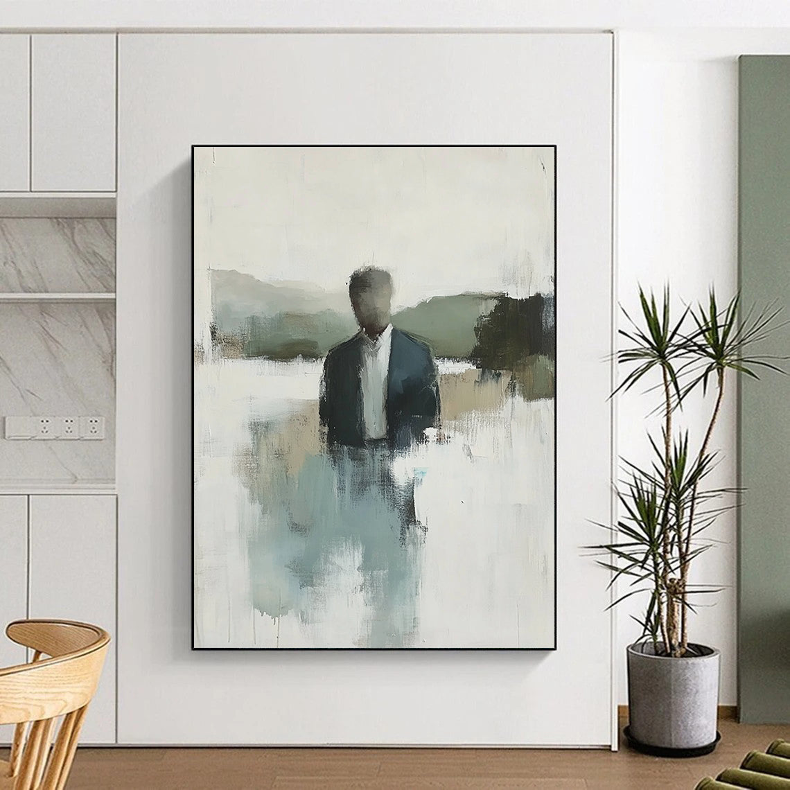 Abstract painting featuring a hazy landscape with soft tones of blue green and grey water in the foreground and hills in the background.STSC861