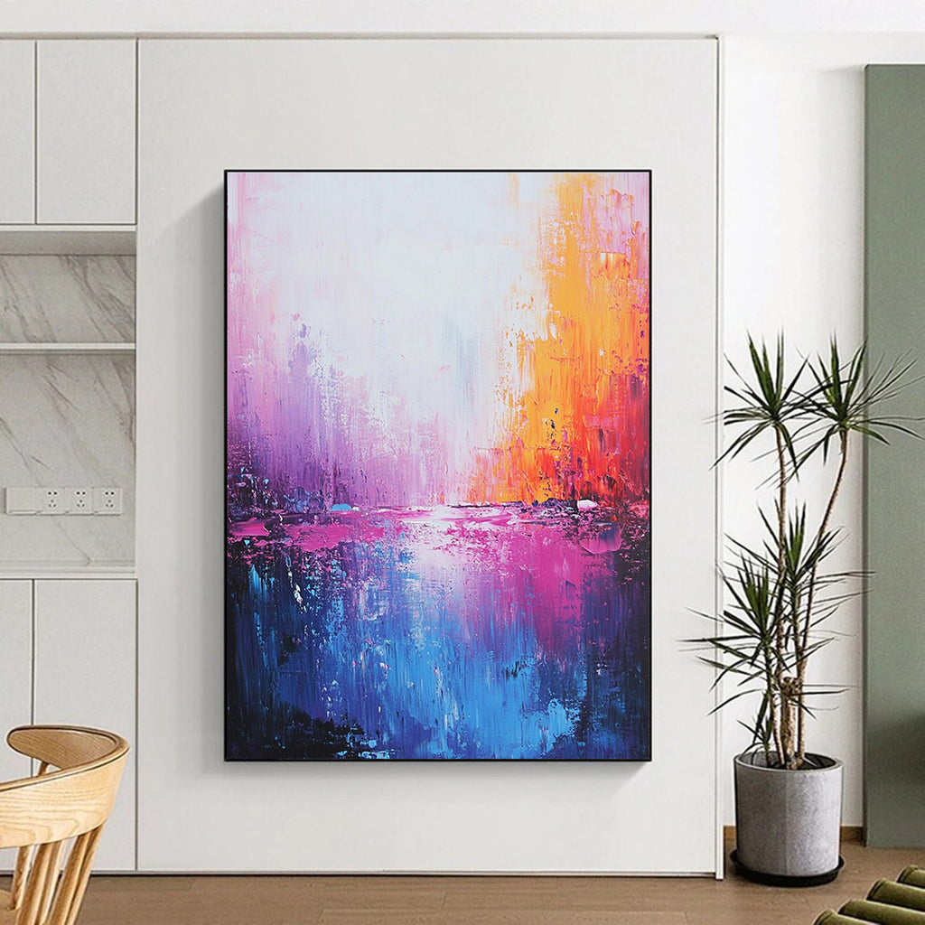 Large abstract painting of the sea in light pink dark blue and purple with meticulous brushwork and dreamy quality creating a romantic atmosphere.STSC345
