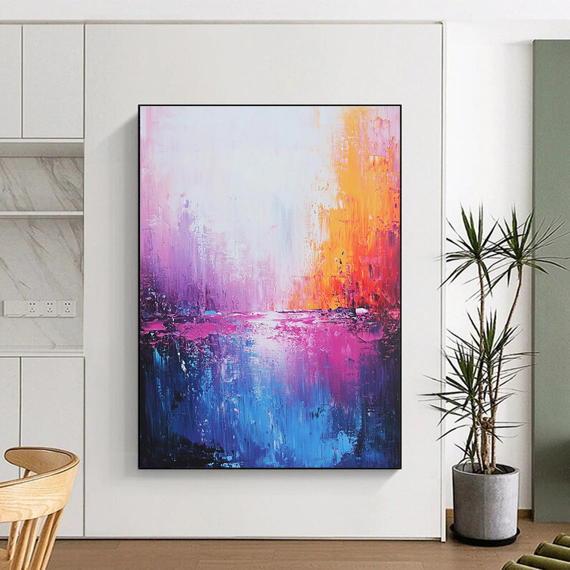 Large abstract painting of the sea in light pink dark blue and purple with meticulous brushwork and dreamy quality creating a romantic atmosphere.STSC345