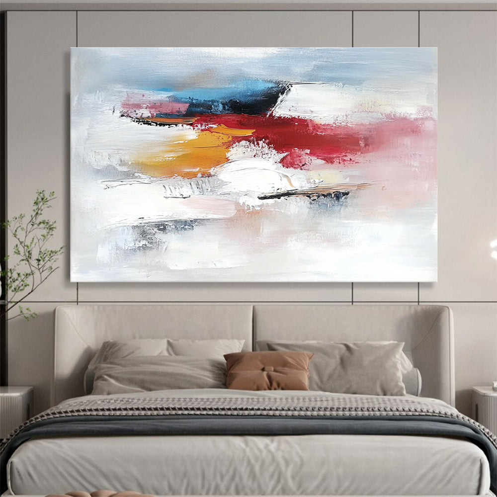 Large abstract painting featuring a serene ice landscape with white light blue hints of red and pink soft brush strokes and textured details.SC157