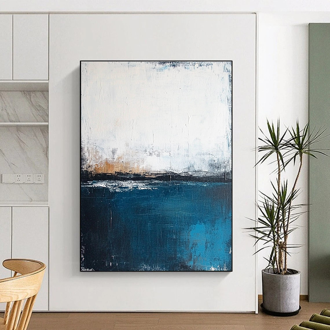 White Blue and Brown Abstract Painting with Minimalist Serenity GER399