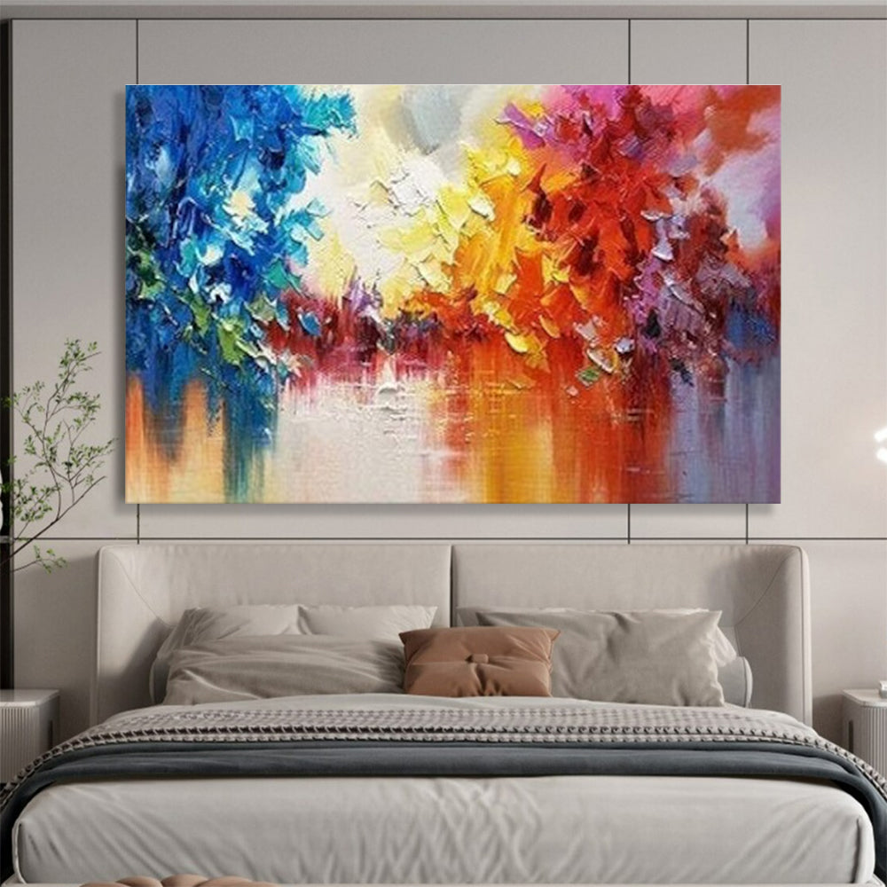 Colorful Tree Reflection Abstract Painting with Blue, Yellow, Red, and Purple Hues THY186