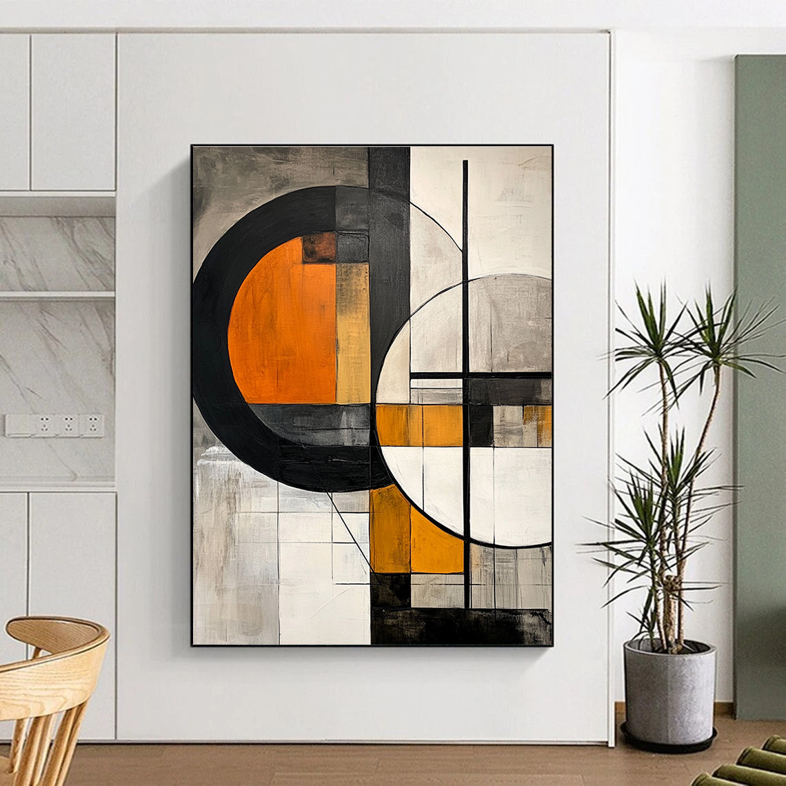 Large abstract painting featuring geometric shapes with orange interiors on a grey background accented by black lines and grey white elements.STSC222