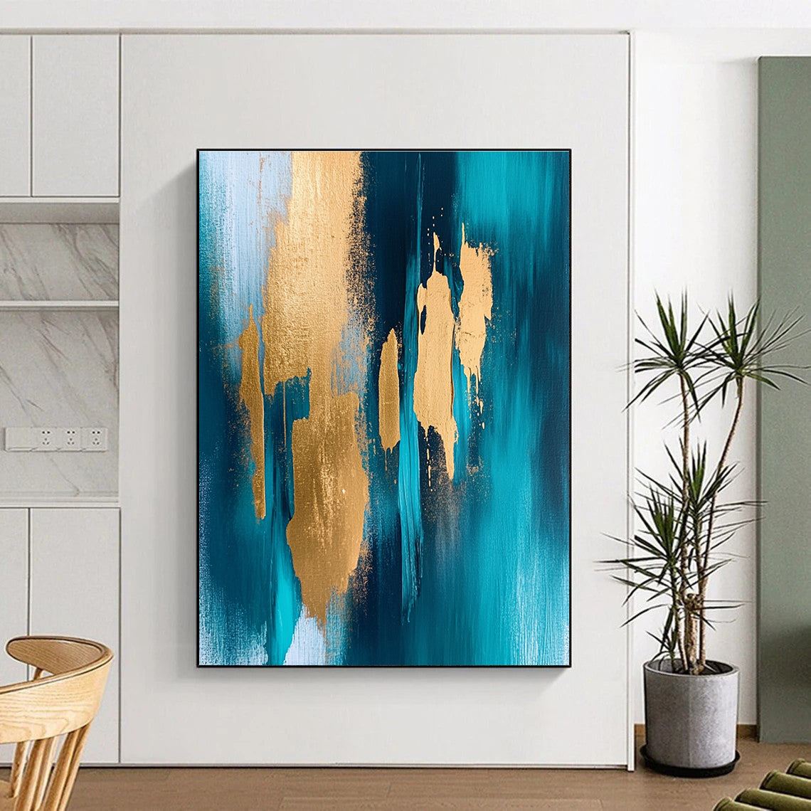 Teal and Gold Abstract Painting with Dynamic Forms GER381