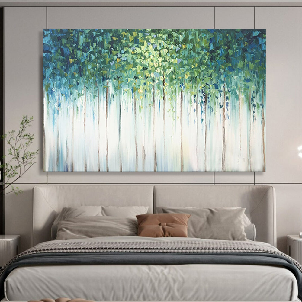 Forest Canopy Abstract Painting with Green, Blue, and White Tones THY206