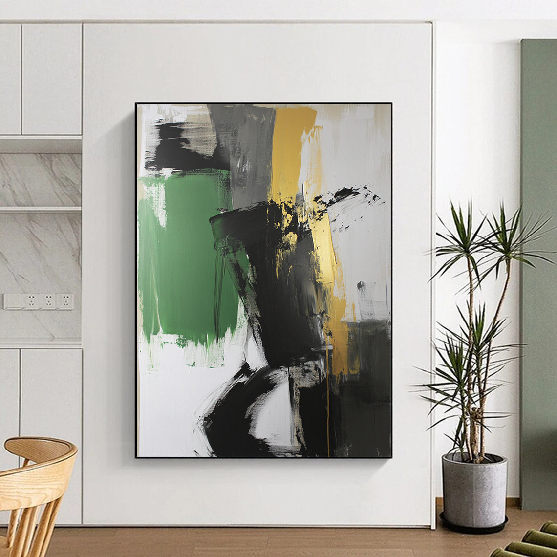 Black Green and Gold Abstract Painting with Bold Contrasts GER527