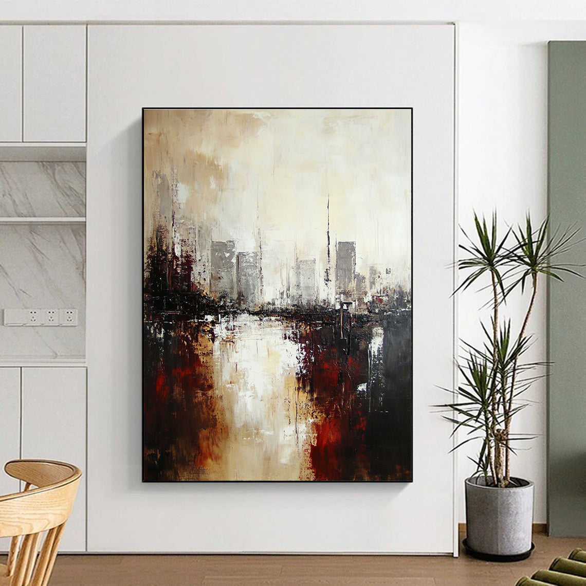 Large abstract oil painting of an industrial cityscape featuring neutral tones with brown and gray accents for an atmospheric effect.STSC148