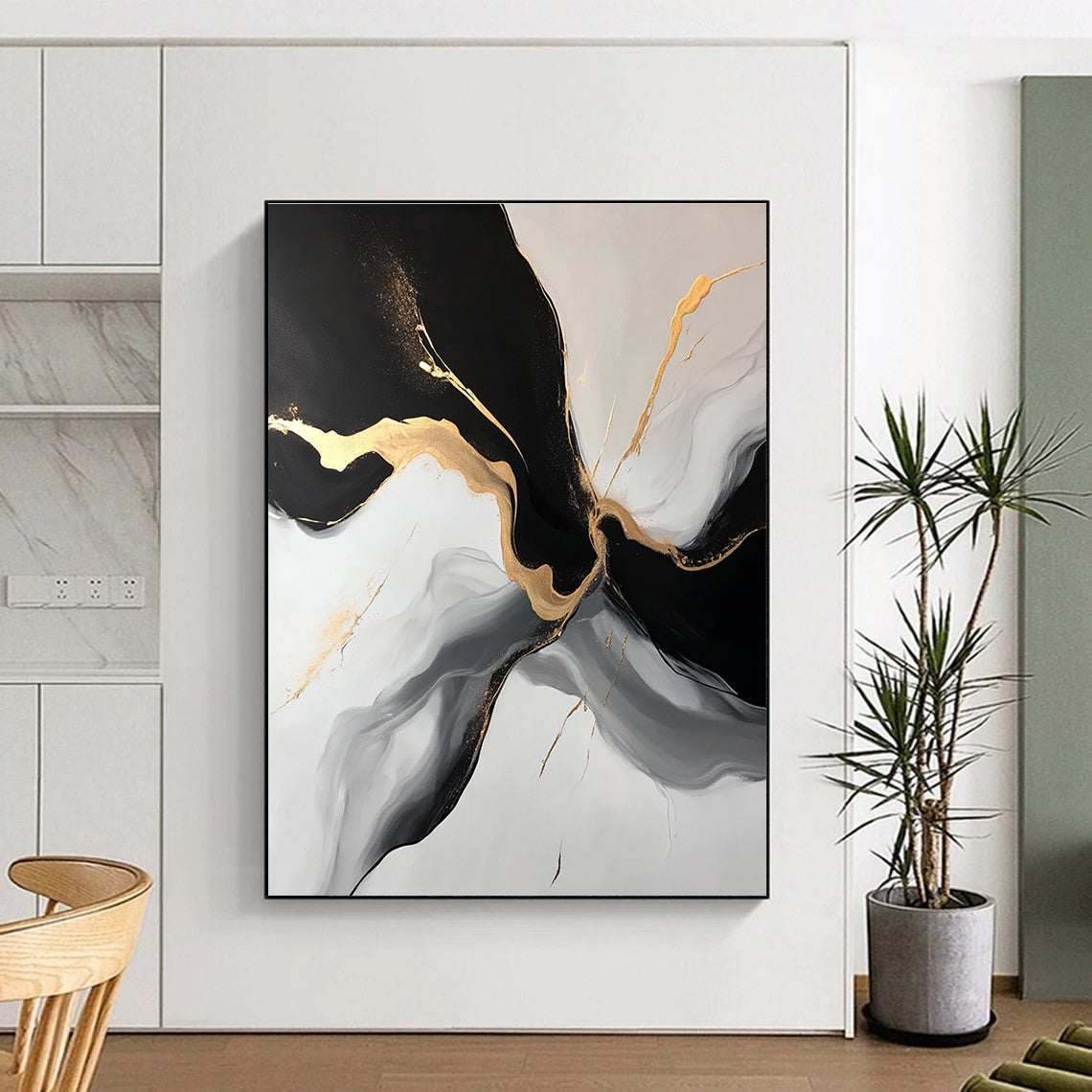 Black Gold and Gray Abstract Painting with Flowing Forms GER510