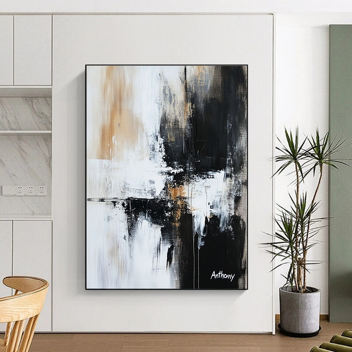 Large abstract painting in black white and gray featuring textured brush strokes and ink spots evoking contemplation and introspection.STSC741