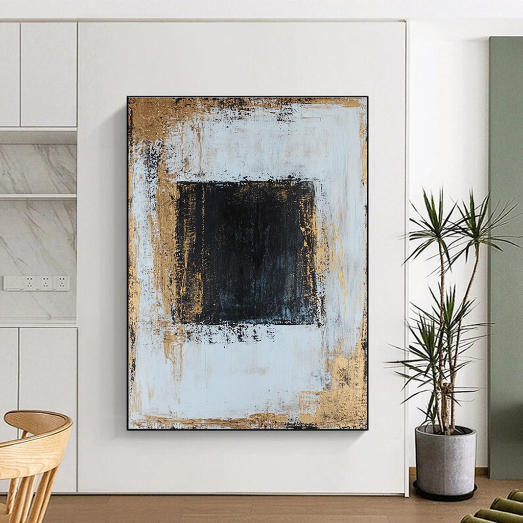 Large abstract painting in white and gold with textured canvas dark blue center perfect composition and golden ratio details.STSC382