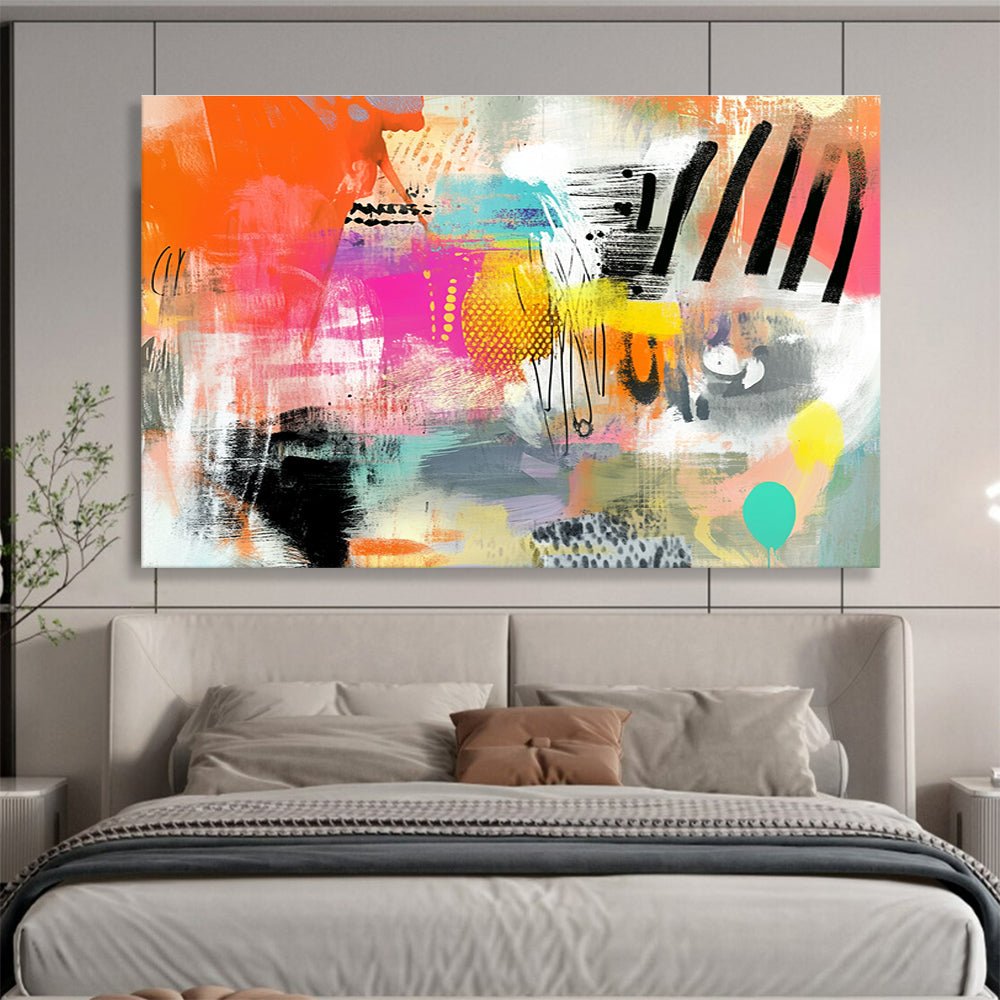 Large abstract painting featuring vibrant patterns and textures in orange pink teal yellow and black with a central blank space for customization.SC005