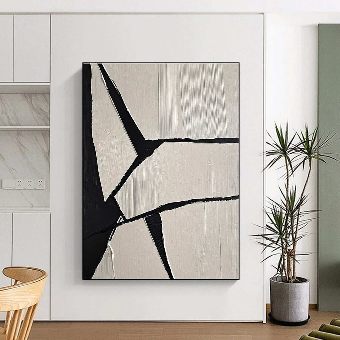 Large abstract painting featuring crumpled paper texture geometric shapes and a cloth detail in a modern gray color scheme.STSC1247