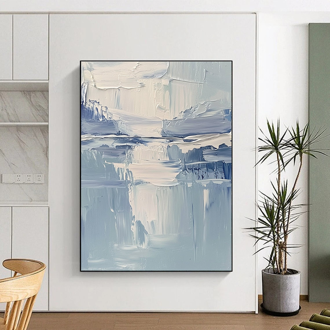Blue White Textured Abstract Painting with Layered Brushstrokes GER761