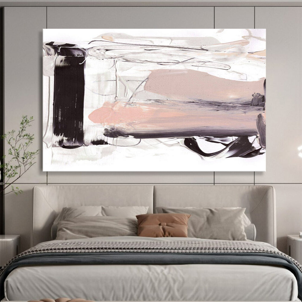 Neutral Tone Abstract Painting with Black, White, and Beige THY143