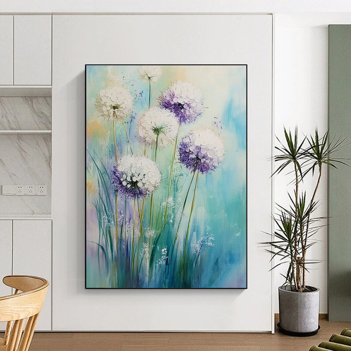 Large abstract painting of white alliums with purple accents on an aquamarine lavender background featuring soft brushstrokes and a dreamy Impressionist atmosphere.STSC1148