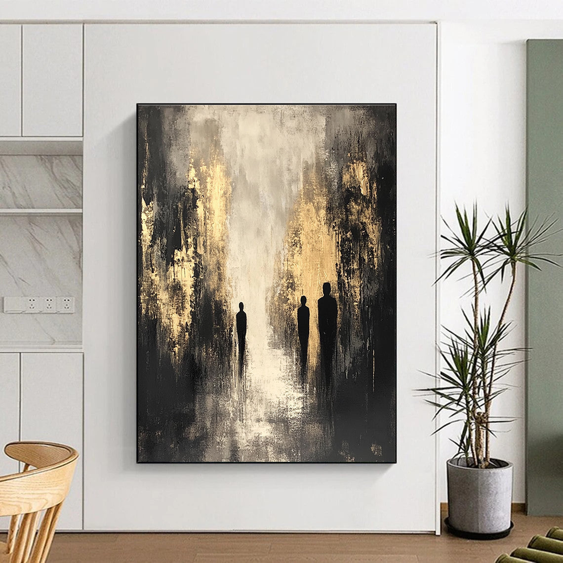 Large abstract painting featuring dark gray and beige tones with gold highlights and black silhouettes creating a shadowy cityscape in a contemplative mood.STSC371