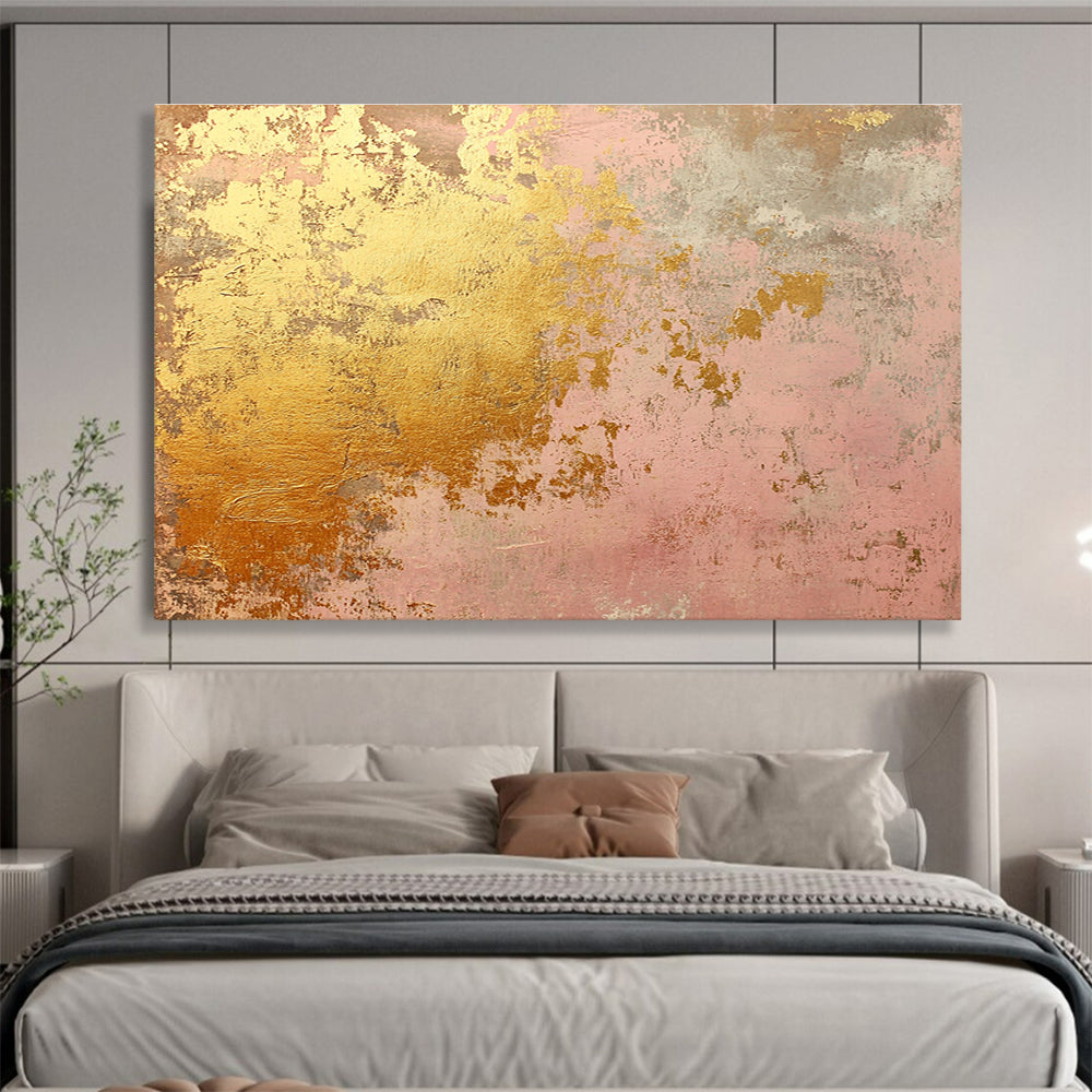 A large abstract canvas in soft pink and gold tones evokes rustic charm with weathered texture and hints of rust, ideal for home decor.SC480