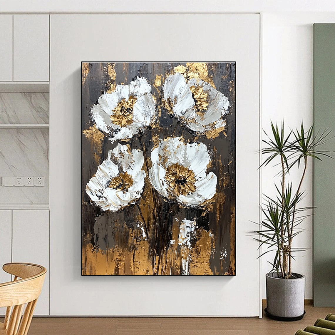 Large abstract painting featuring textured white and gold flowers on a dark brown background with vintage-style brush strokes and rich emotional depth.STSC834