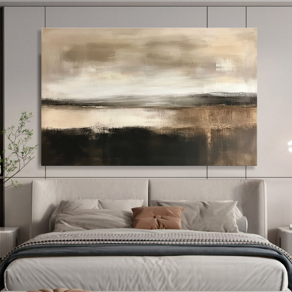 Large abstract landscape in neutral tones of beige and white with a neutral sky and hints of brown dark grey and black.SC067