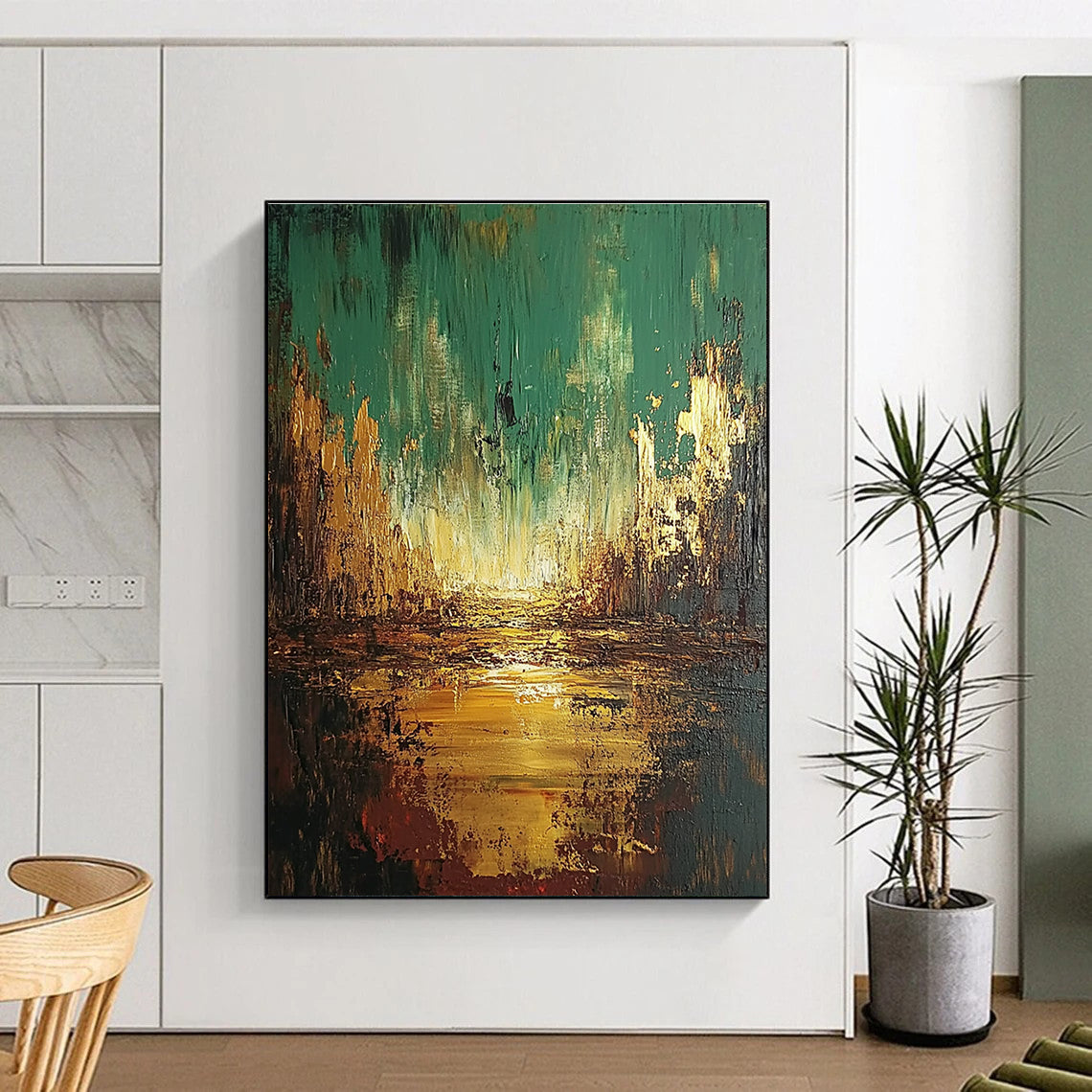 Large abstract oil painting depicting an apocalyptic landscape in greens and browns with golden highlights, perfect for bold decor.STSC583