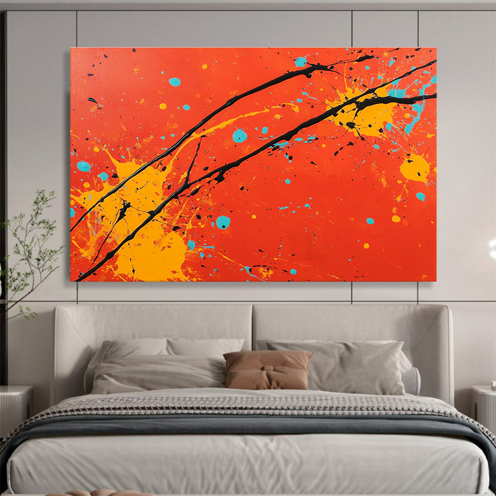 An abstract painting featuring a red background with orange and yellow splashes black lines and light blue accents in the style of Jackson Pollock.SC531
