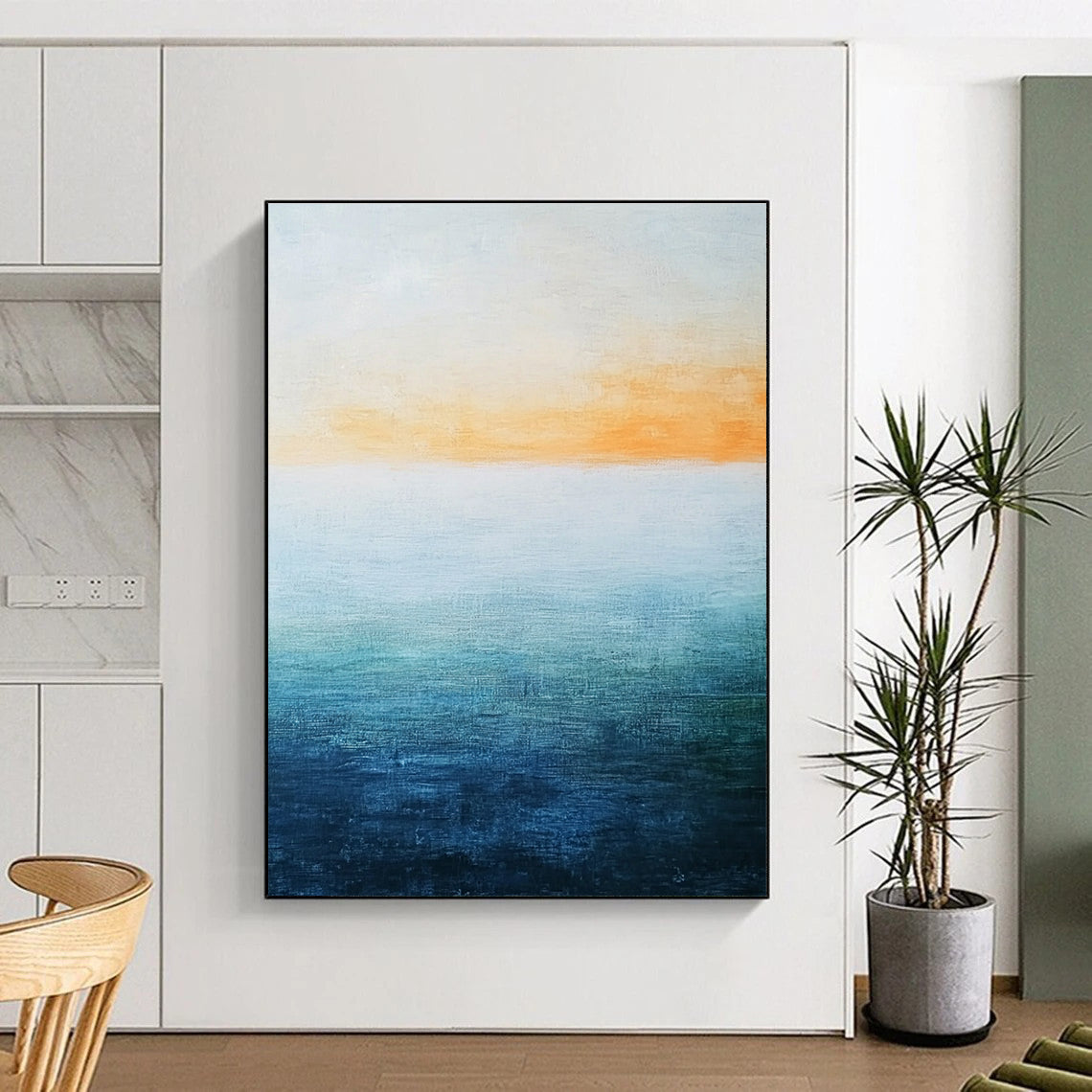 Abstract landscape featuring a vast water expanse in blue and green hues beneath a soft orange sky with a minimalist oil painting style.STSC074