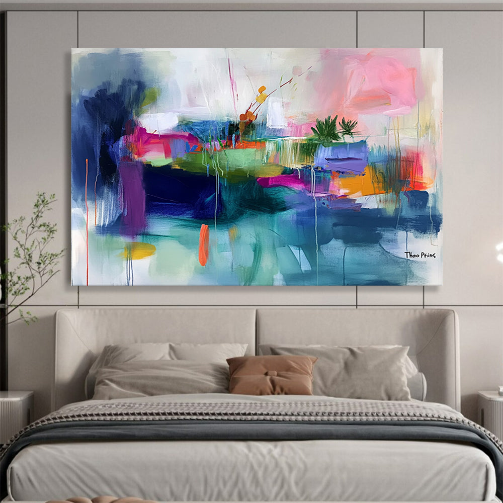 Large abstract painting featuring an island with vibrant brush strokes in pink green blue orange and more, emphasizing lively colors and fluid lines.SC372