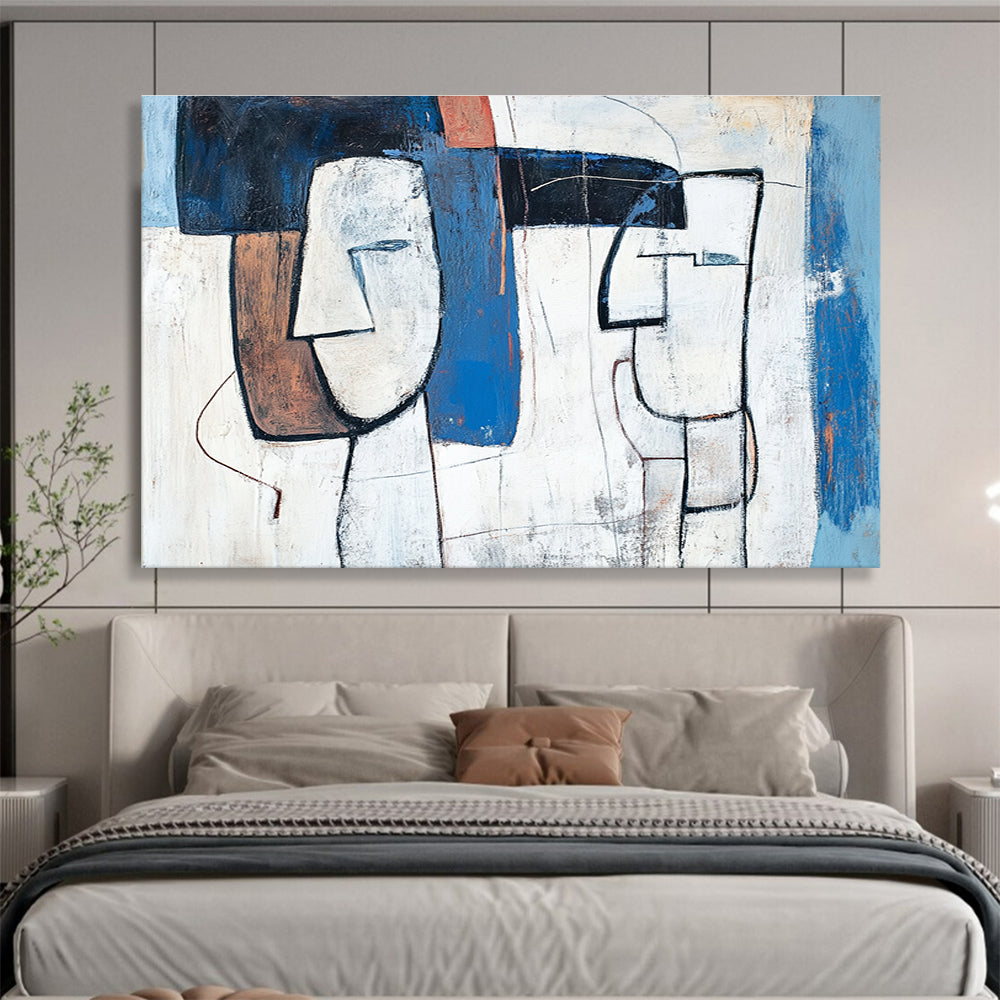 Large abstract painting featuring blue and white figures with brown accents thick lines and simple composition inspired by Picasso's style.SC189