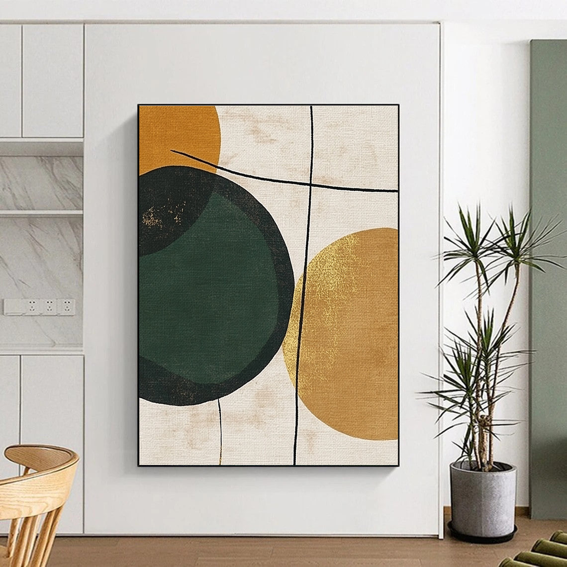 Large abstract painting featuring a green circle on a beige background with gold lines brown circles and minimalist black line drawings in organic forms.STSC467