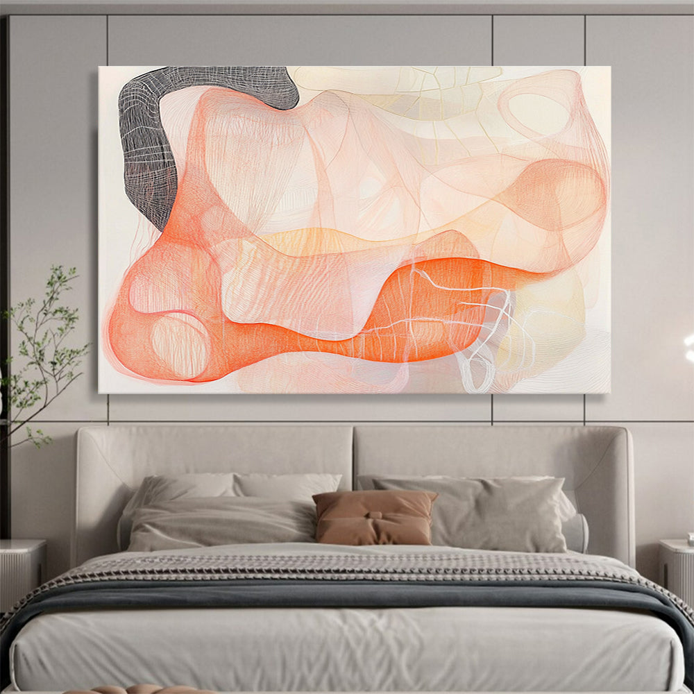Large abstract artwork featuring delicate orange and pink threads with a black ink outline suggesting women's forms against a white background, evoking calm and elegance.SC304