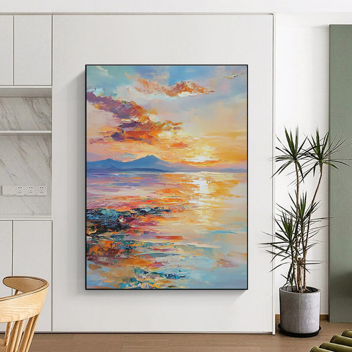 Large abstract painting of an ocean sunset with warm hues reflecting on water showcasing tranquility and nature's beauty in a dreamy atmosphere.STSC865