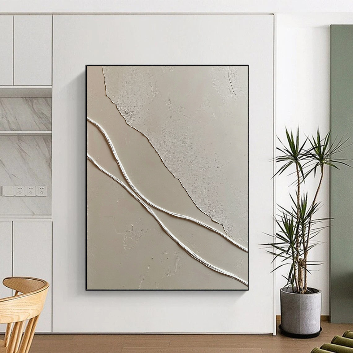 A large abstract painting featuring smooth white wavy lines against textured light-colored plaster walls enhancing depth in a minimal space.STSC941