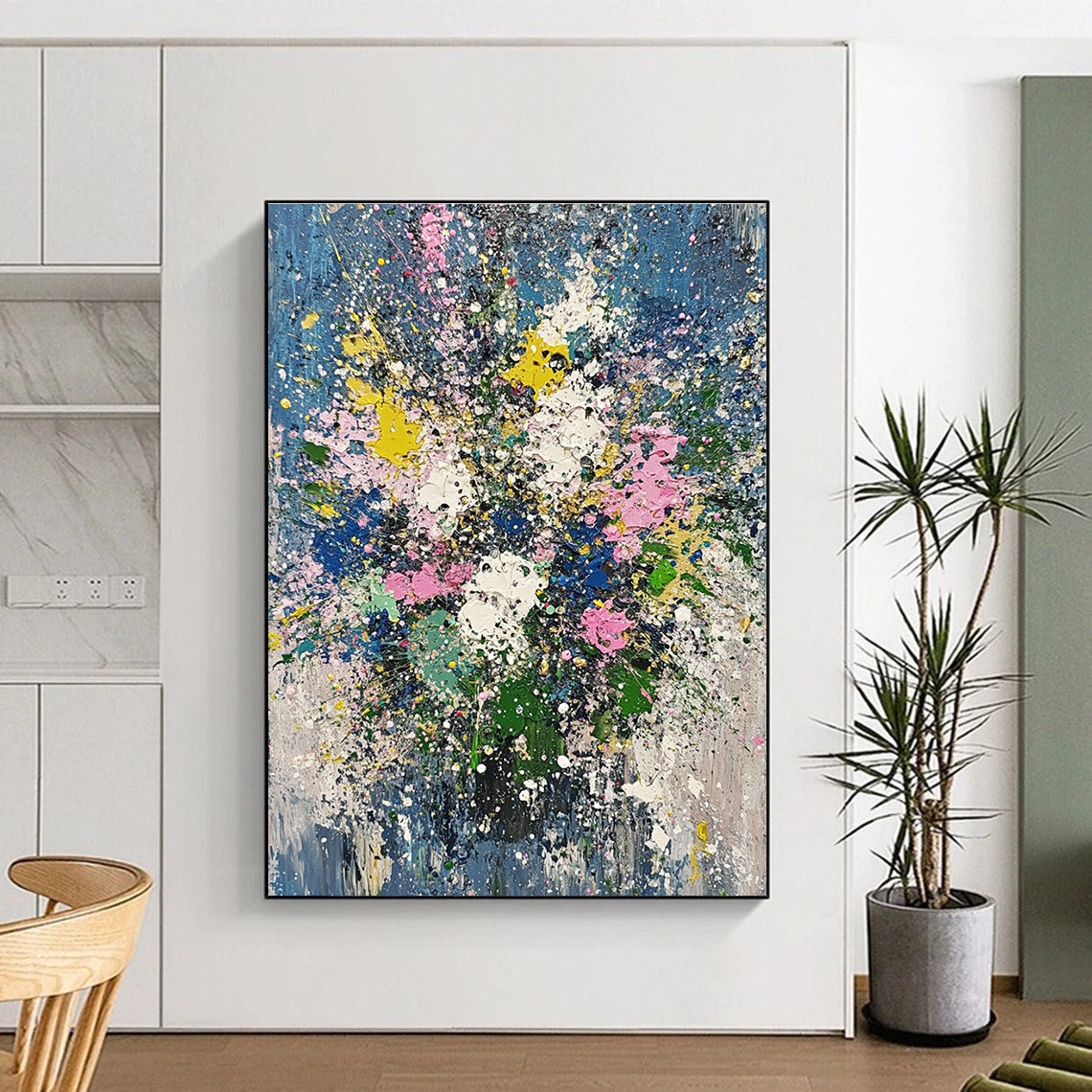 Abstract oil painting featuring flowers and plants in John Berkey's style with light blue green pink and gold leaf splatters.STSC181