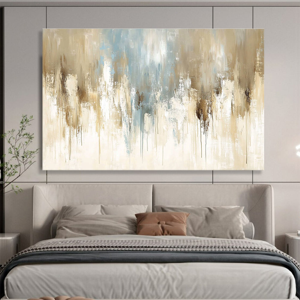 Large abstract painting featuring soft beige and light blue tones with vintage oil texture and elegant paint drips on canvas.SC009