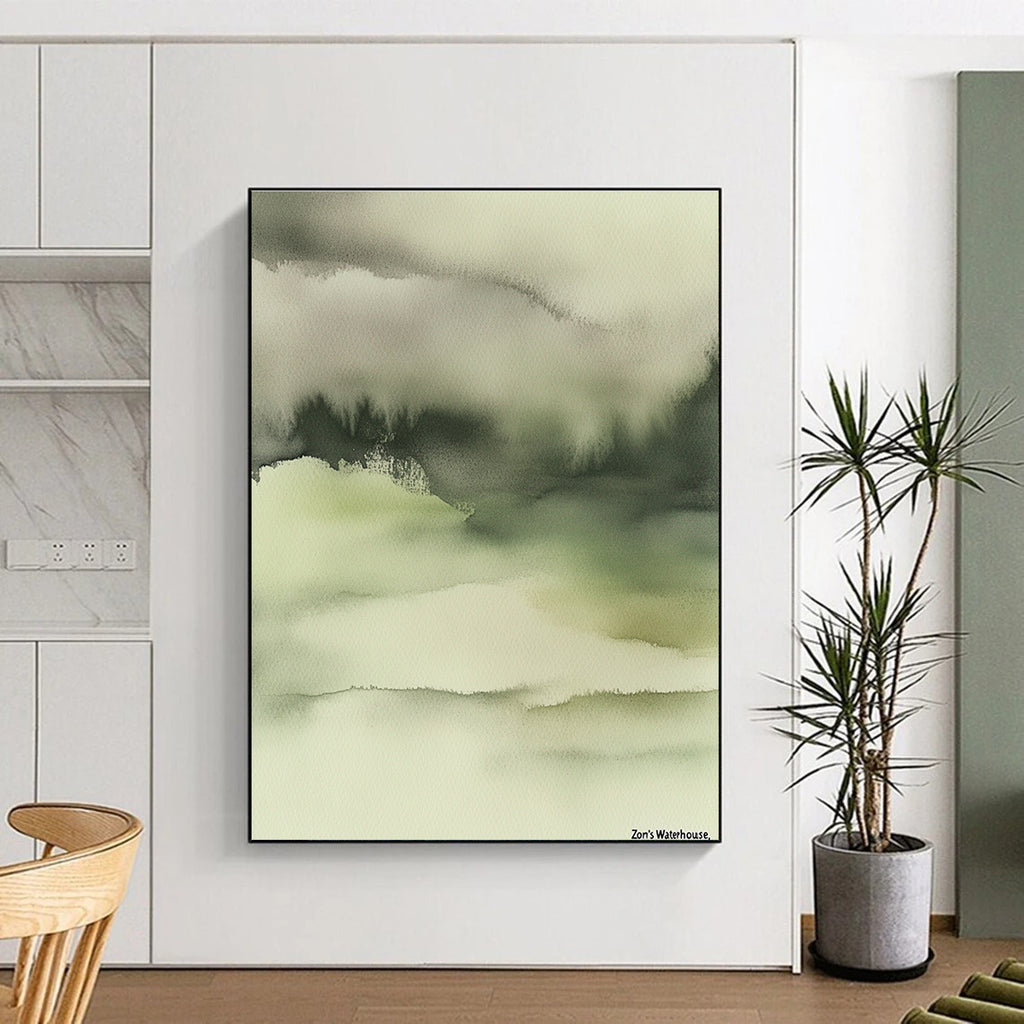 Large abstract painting in muted tones featuring soft dreamy colors and blurred edges with intricate details in ink wash style on a beige background.STSC068