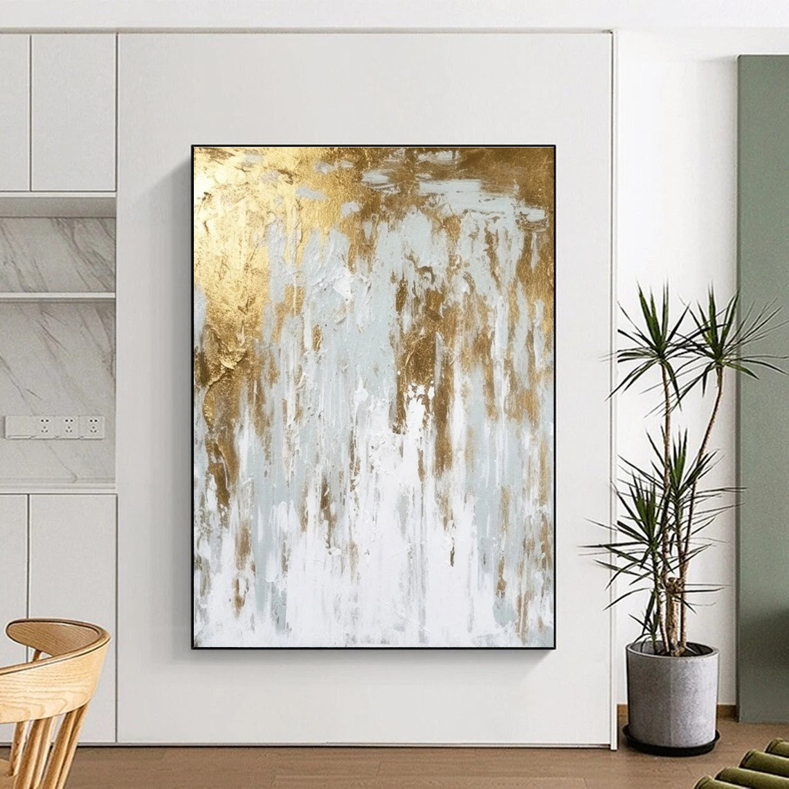 Gold and White Abstract Painting with Cascading Textures ADGE074