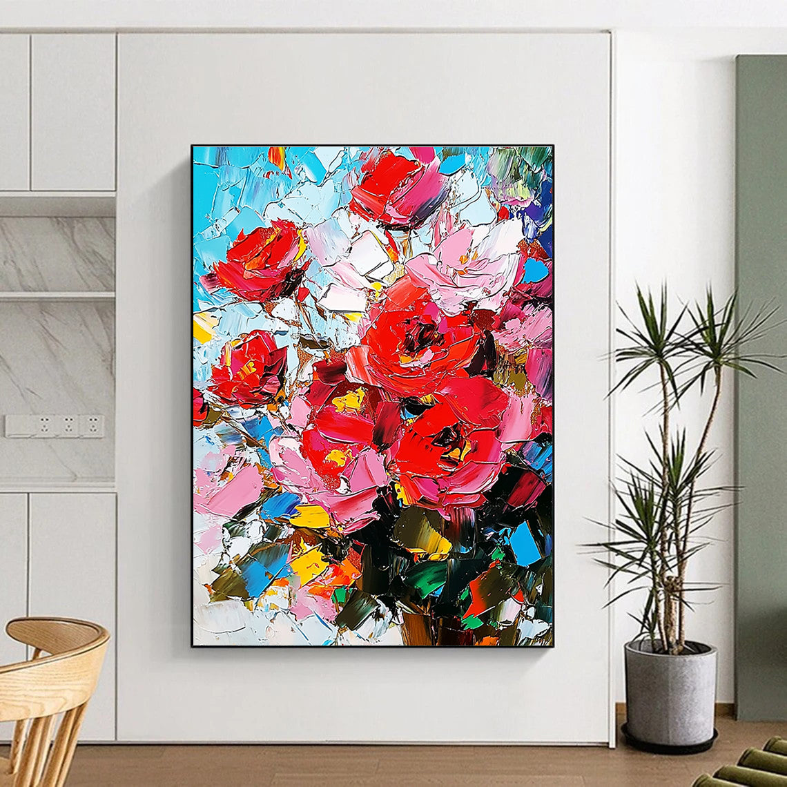 Large abstract painting featuring red roses with a palette knife technique showcasing high-contrast pink and blue hues on canvas.STSC927