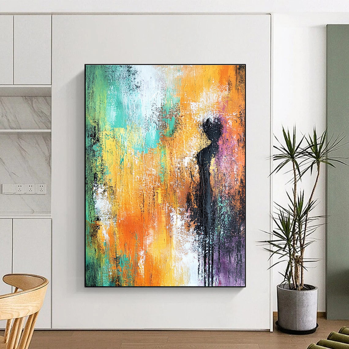 Large abstract painting featuring soft orange and green tones with hints of yellow and purple and a textured background for elegant decor.STSC248
