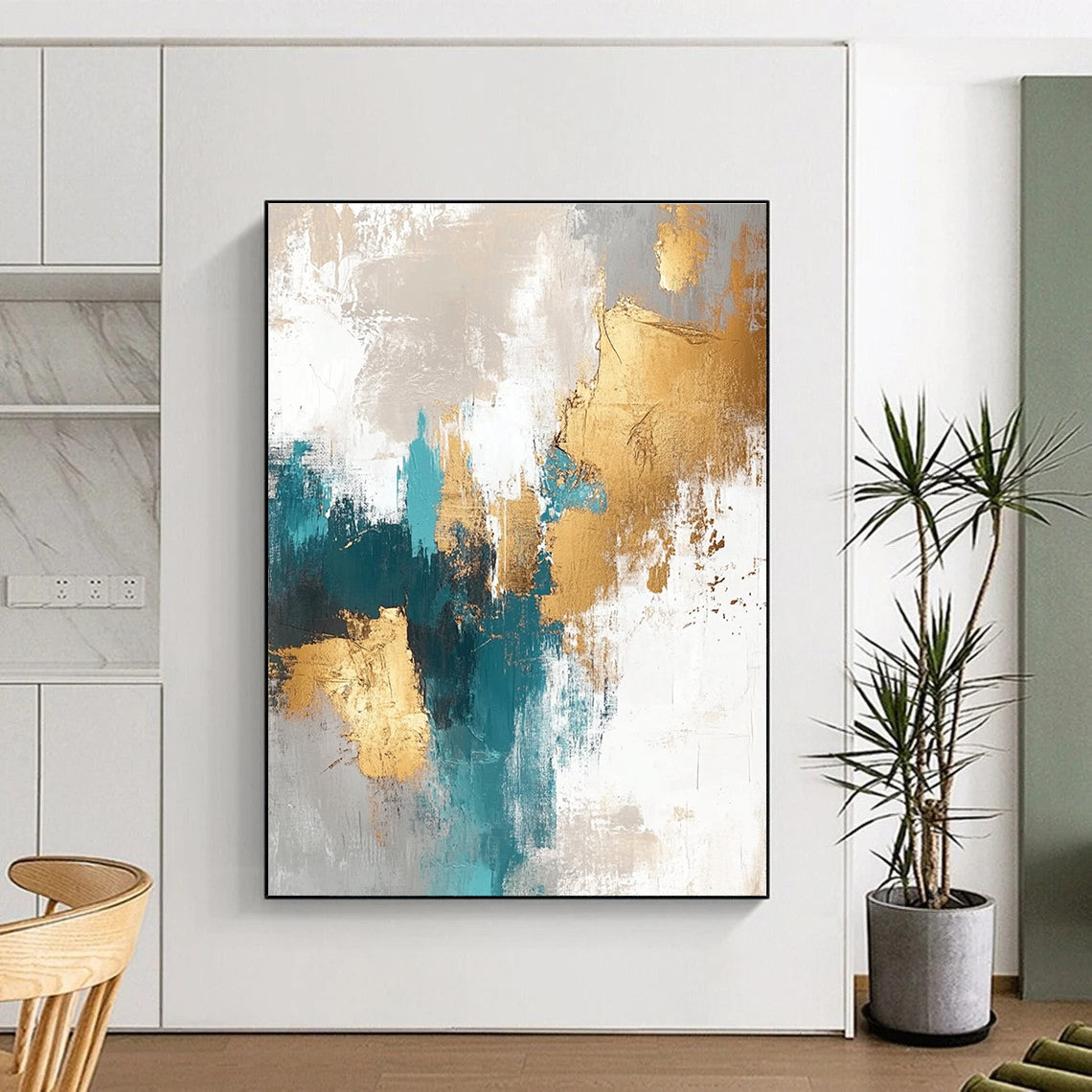 Teal - Gold Abstract with Gray, White, and Beige GER328