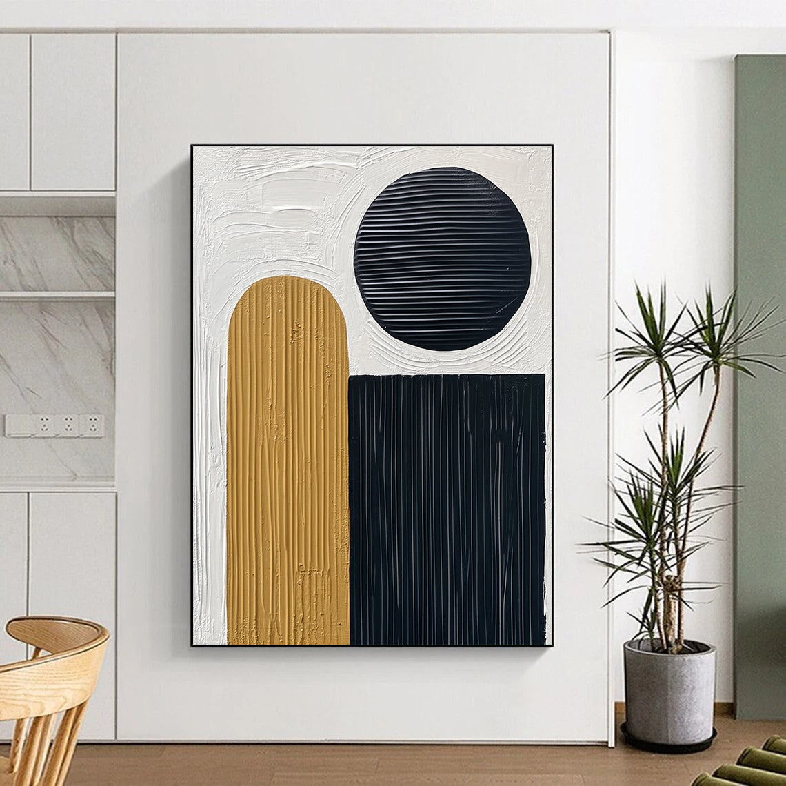 Abstract painting featuring thick black lines on textured paper with a white background and a small gold oval accent along with three circles.STSC451