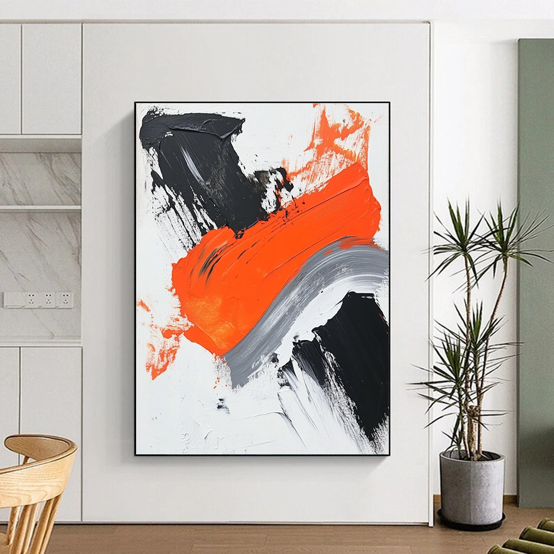 Black Orange Gray Abstract Painting with Dynamic Brushstrokes GER494