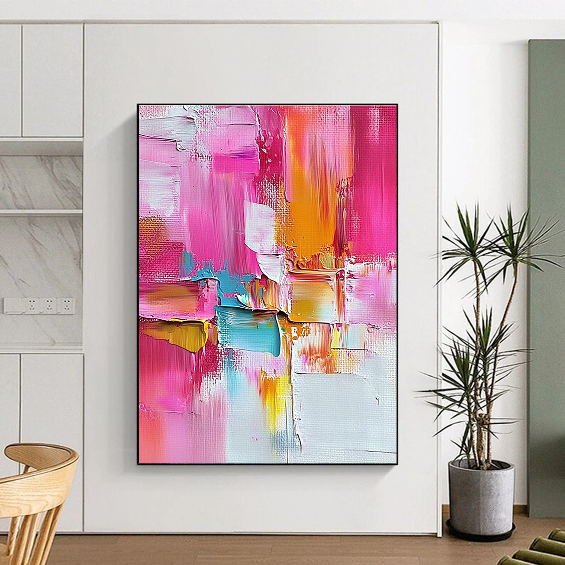 Pink Orange and Blue Abstract Painting with Textured Layers GER520