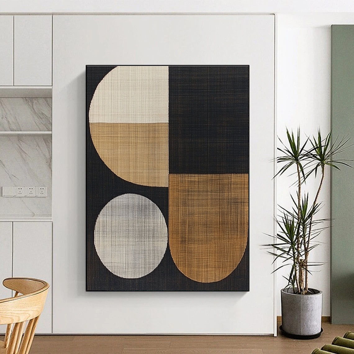 Large abstract artwork featuring abstract shapes, wood grain texture, and a sophisticated black color scheme for a modern aesthetic.STSC933