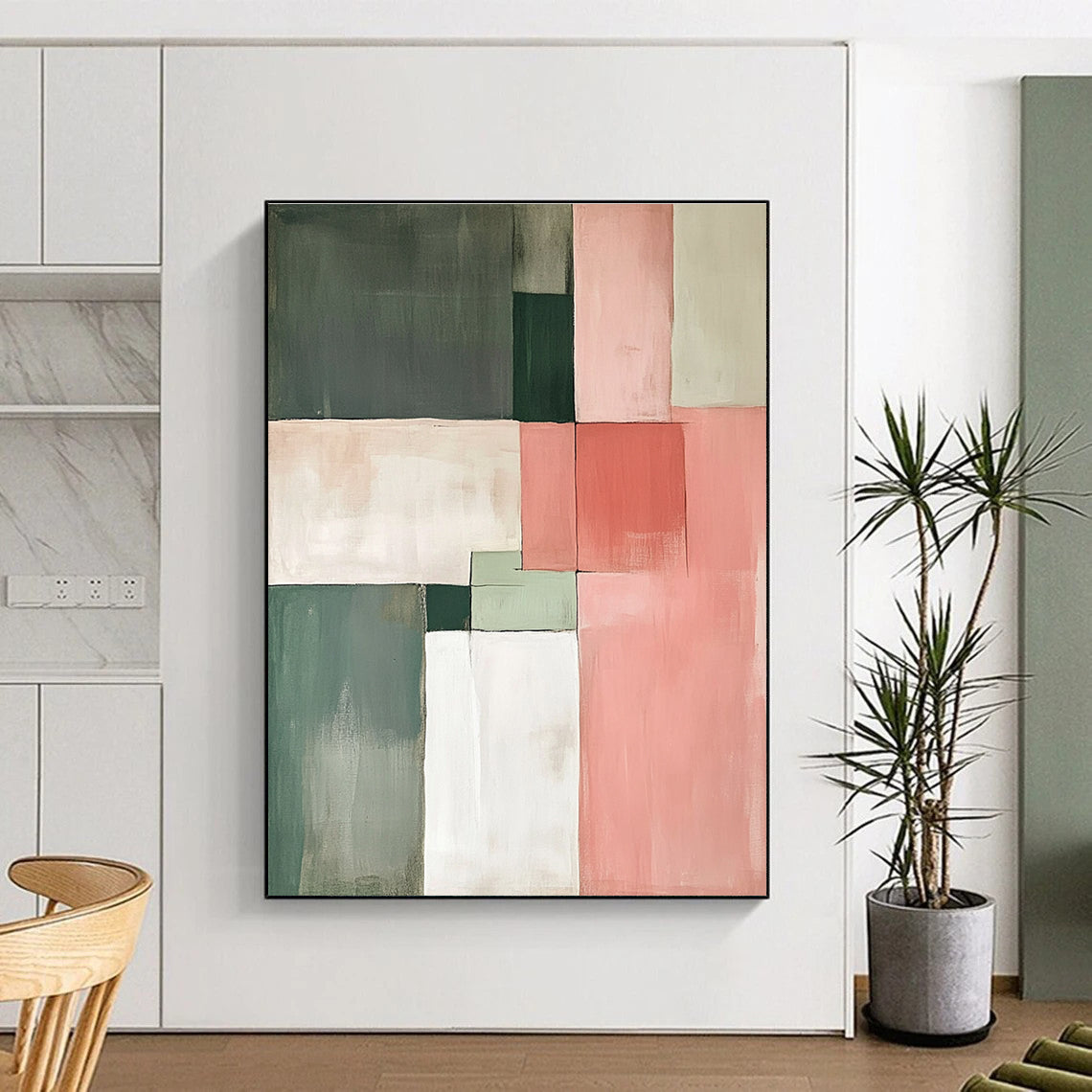 Green and Pink Block Abstract Painting with Subtle Contrasts GER154