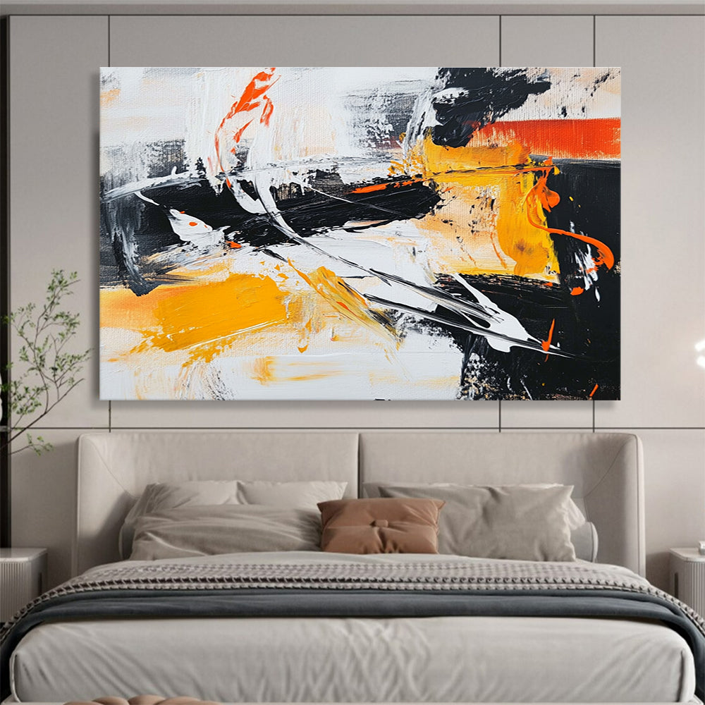 Large abstract painting in black white and orange featuring vibrant yellow brush strokes for a dynamic artistic touch.SC142