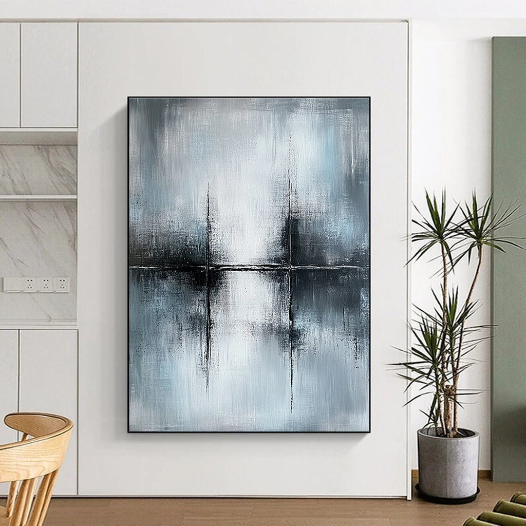Large abstract painting in gray and white, featuring canvas texture and ultra-realistic oil paint details for a striking visual impact.STSC070