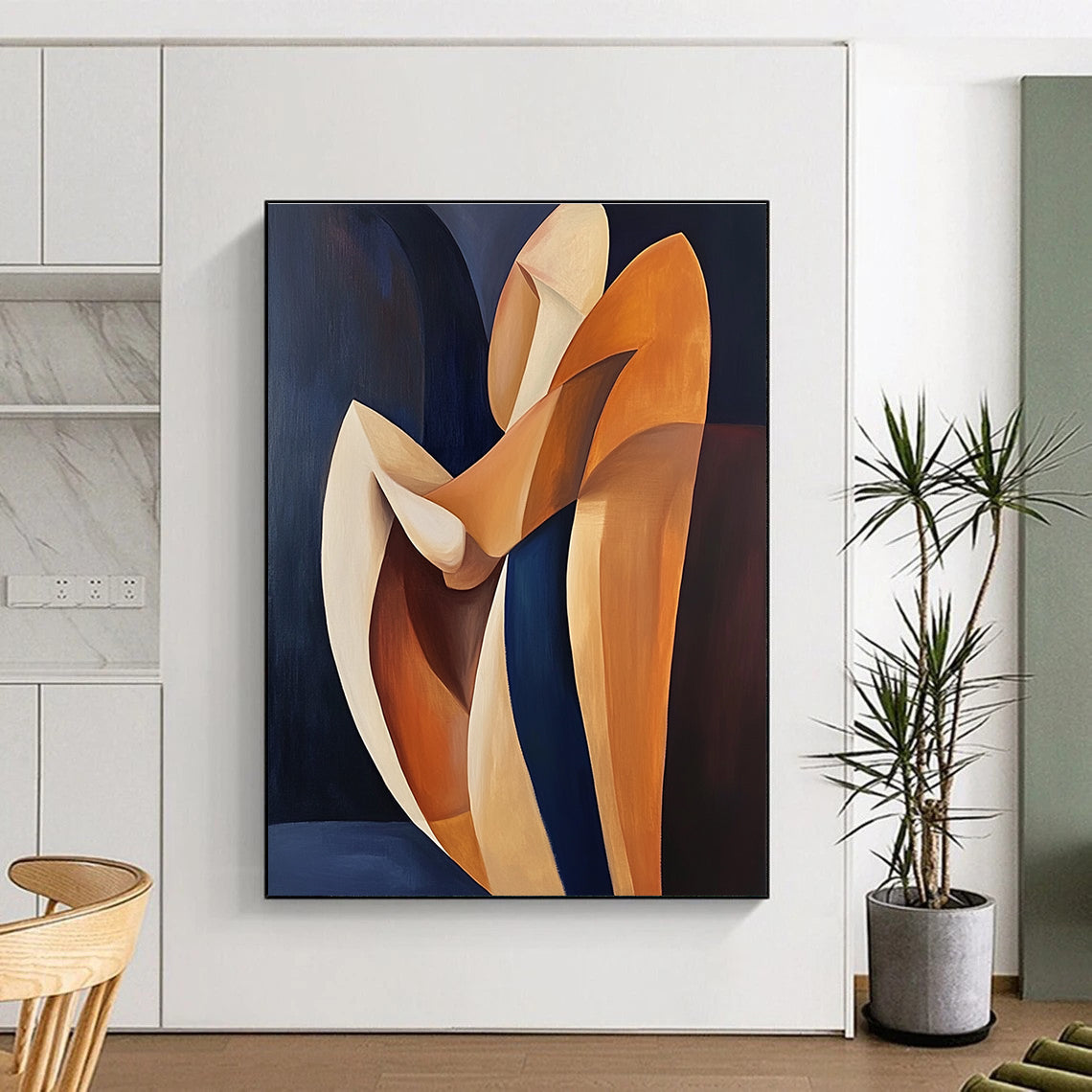 Abstract oil painting in Picasso style featuring orange and navy blue colors with a figure resting on wooden shapes and minimalist lines.STSC1372