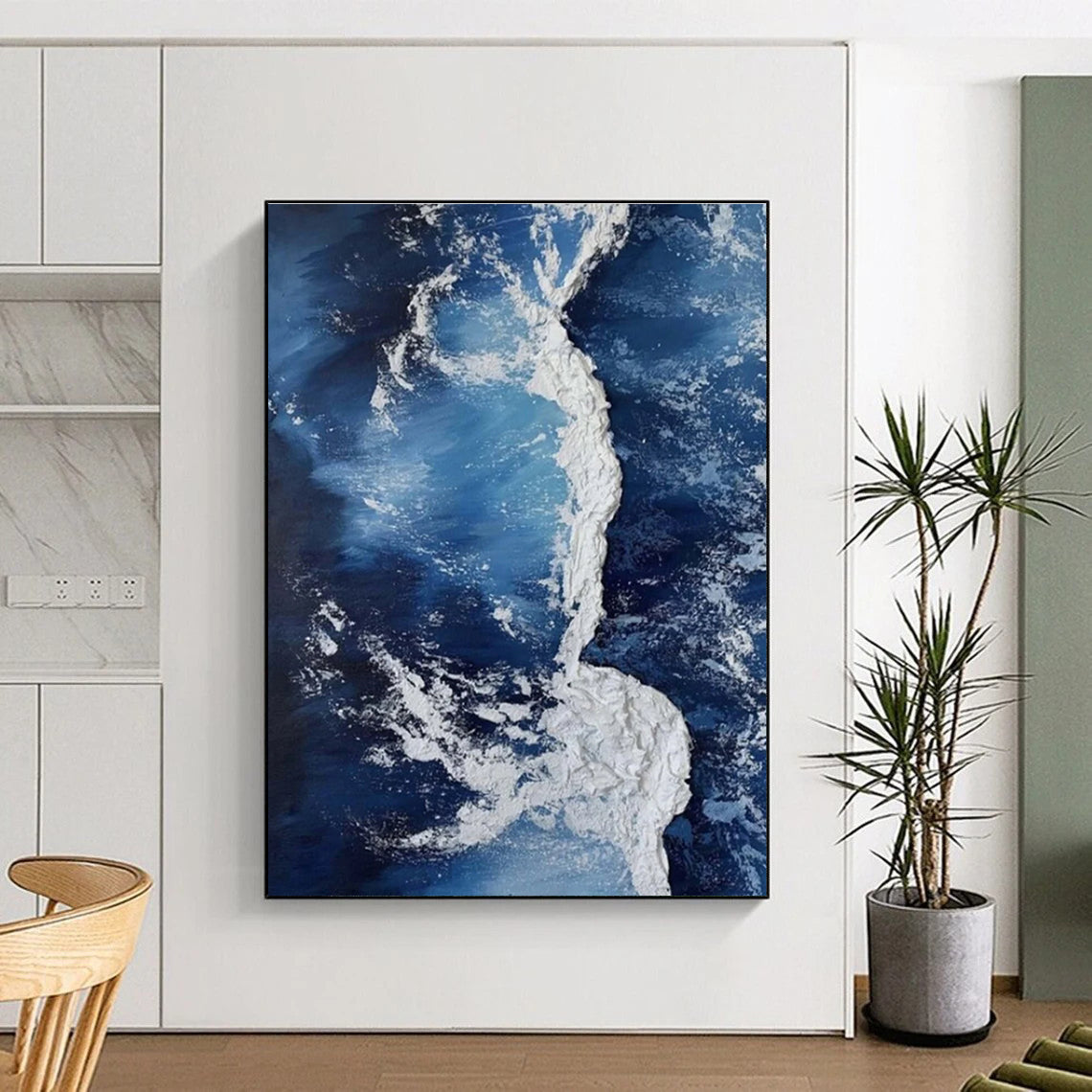 Blue and White Wave Abstract Painting with Thick Textures ADGE335
